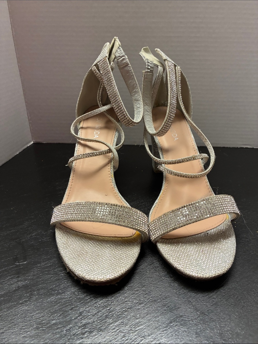 TOP Moda Rhinestone Strappy Heel Sandals in Champagne